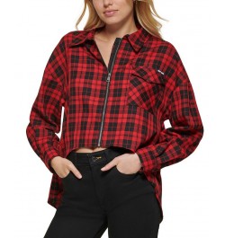 Women's Plaid Zip-Front Long-Sleeve Shirt Black/Scarlet $25.36 Tops