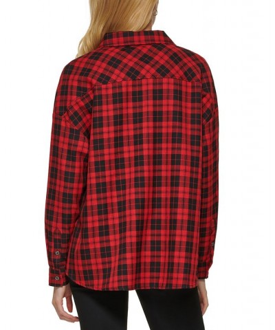 Women's Plaid Zip-Front Long-Sleeve Shirt Black/Scarlet $25.36 Tops