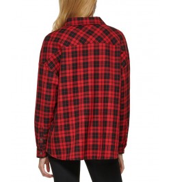 Women's Plaid Zip-Front Long-Sleeve Shirt Black/Scarlet $25.36 Tops