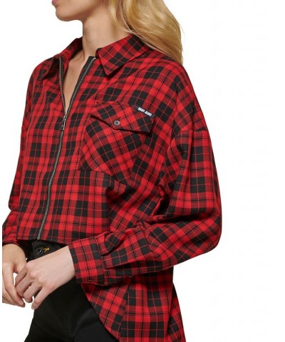 Women's Plaid Zip-Front Long-Sleeve Shirt Black/Scarlet $25.36 Tops