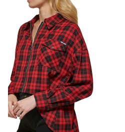 Women's Plaid Zip-Front Long-Sleeve Shirt Black/Scarlet $25.36 Tops