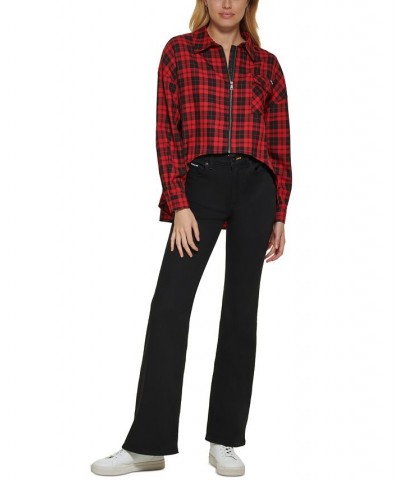 Women's Plaid Zip-Front Long-Sleeve Shirt Black/Scarlet $25.36 Tops