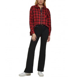 Women's Plaid Zip-Front Long-Sleeve Shirt Black/Scarlet $25.36 Tops