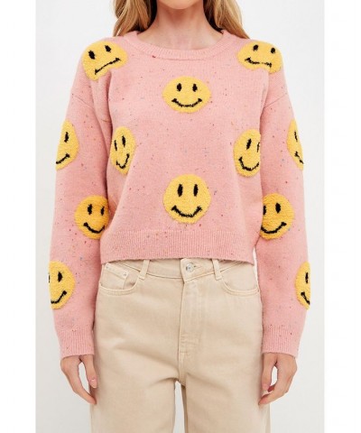 Women's Smiley Face Sweater Pink $38.50 Sweaters