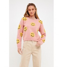 Women's Smiley Face Sweater Pink $38.50 Sweaters