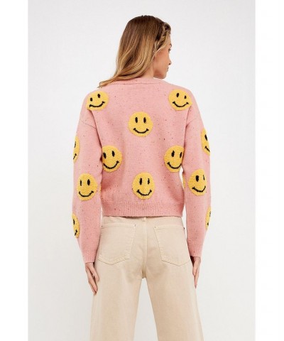 Women's Smiley Face Sweater Pink $38.50 Sweaters