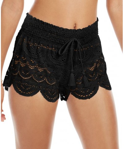 Juniors' Scalloped Lace Cover-Up Shorts Black $23.10 Swimsuits