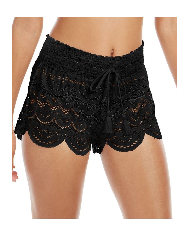 Juniors' Scalloped Lace Cover-Up Shorts Black $23.10 Swimsuits