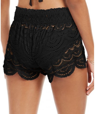 Juniors' Scalloped Lace Cover-Up Shorts Black $23.10 Swimsuits