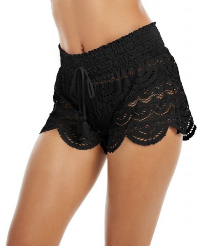 Juniors' Scalloped Lace Cover-Up Shorts Black $23.10 Swimsuits