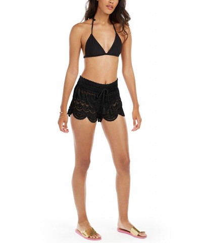 Juniors' Scalloped Lace Cover-Up Shorts Black $23.10 Swimsuits