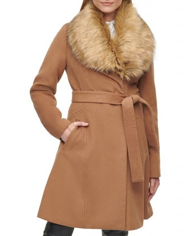 Women's Belted Faux-Fur-Collar Coat Camel $118.90 Coats