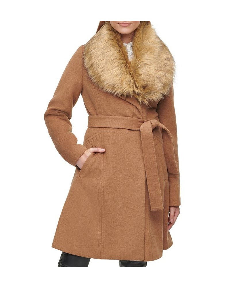 Women's Belted Faux-Fur-Collar Coat Camel $118.90 Coats