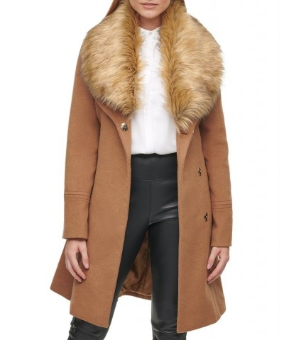 Women's Belted Faux-Fur-Collar Coat Camel $118.90 Coats