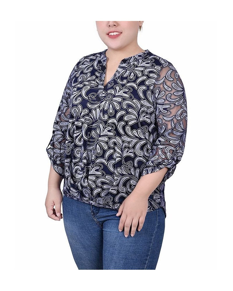 Plus Size Long Sleeve Burnout Y-Neck Blouse Blue $12.26 Tops