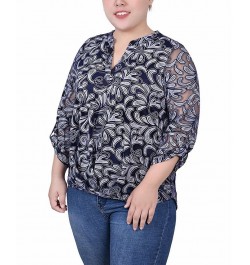 Plus Size Long Sleeve Burnout Y-Neck Blouse Blue $12.26 Tops