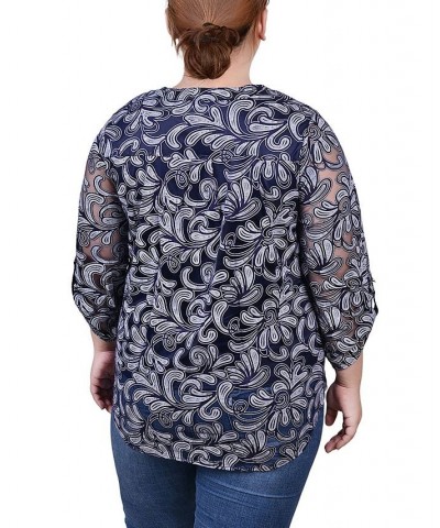 Plus Size Long Sleeve Burnout Y-Neck Blouse Blue $12.26 Tops