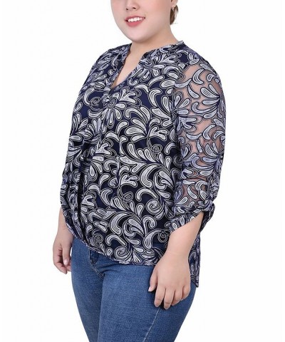 Plus Size Long Sleeve Burnout Y-Neck Blouse Blue $12.26 Tops