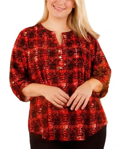 Plus Size 3/4 Sleeve Pleat Front Y-neck Top Berry $17.23 Tops