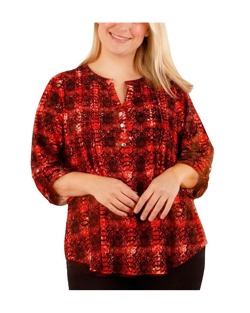 Plus Size 3/4 Sleeve Pleat Front Y-neck Top Berry $17.23 Tops