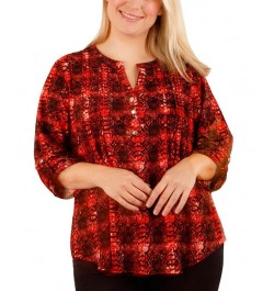 Plus Size 3/4 Sleeve Pleat Front Y-neck Top Berry $17.23 Tops