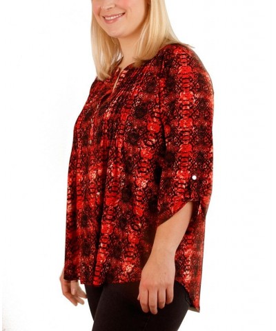 Plus Size 3/4 Sleeve Pleat Front Y-neck Top Berry $17.23 Tops