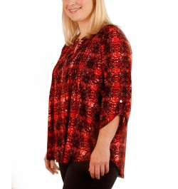 Plus Size 3/4 Sleeve Pleat Front Y-neck Top Berry $17.23 Tops