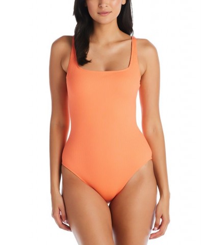 Women's Walk The Line Square-Neck Tank One-Piece Swimsuit Orange $51.60 Swimsuits