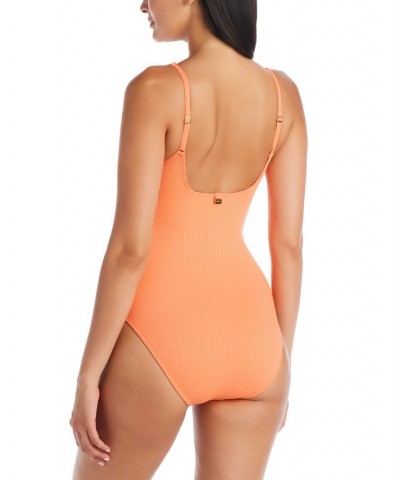 Women's Walk The Line Square-Neck Tank One-Piece Swimsuit Orange $51.60 Swimsuits