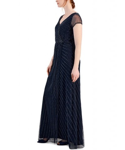 Women's Beaded Surplice V-Neck Short-Sleeve Gown Navy Tonal $89.50 Dresses