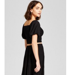 Women's Smocked Puff Sleeve Top Black $20.09 Tops