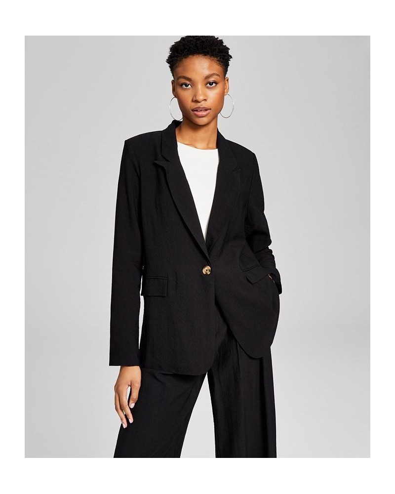 Women's One-Button Textured Oversized Blazer Black $17.80 Jackets