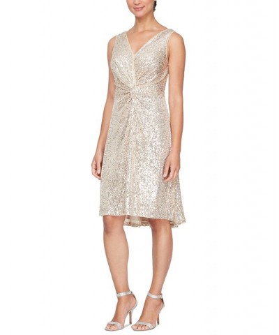 Women's Sequined Sleeveless V-Neck A-Line Dress Taupe $33.79 Dresses