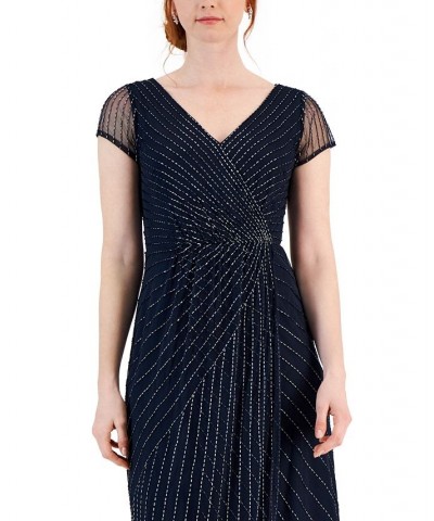 Women's Beaded Surplice V-Neck Short-Sleeve Gown Navy Tonal $89.50 Dresses