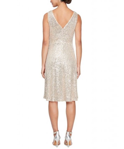 Women's Sequined Sleeveless V-Neck A-Line Dress Taupe $33.79 Dresses