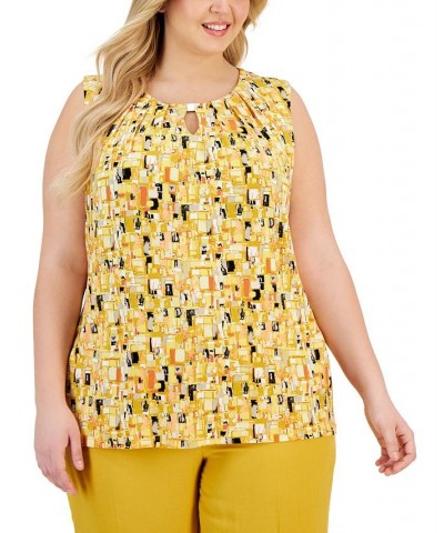 Plus Size Printed Pleat-Neck Sleeveless Top Butterscotch Multi $28.98 Tops