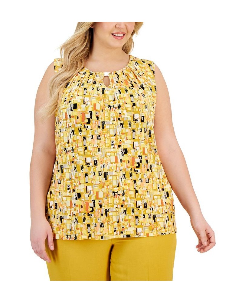 Plus Size Printed Pleat-Neck Sleeveless Top Butterscotch Multi $28.98 Tops