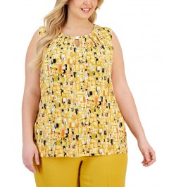 Plus Size Printed Pleat-Neck Sleeveless Top Butterscotch Multi $28.98 Tops