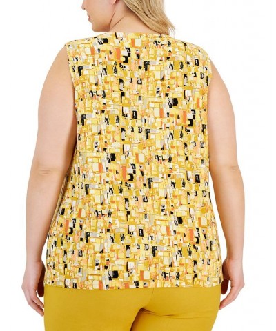 Plus Size Printed Pleat-Neck Sleeveless Top Butterscotch Multi $28.98 Tops