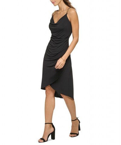 Women's Cowlneck Chain Strap Sheath Dress Black $27.60 Dresses