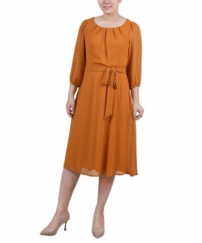 Petite 3/4 Sleeve Clip Dot Dress Gold $21.84 Dresses