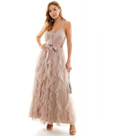 Juniors' Glitter Corkscrew Ruffle Gown Taupe $63.68 Dresses