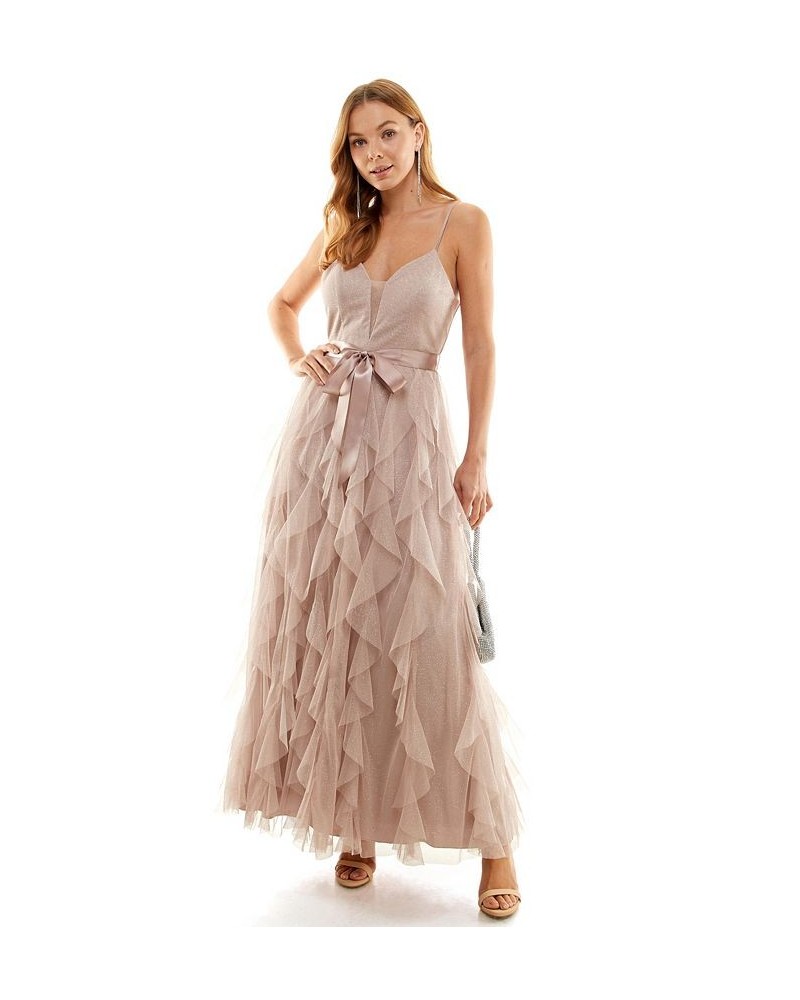 Juniors' Glitter Corkscrew Ruffle Gown Taupe $63.68 Dresses