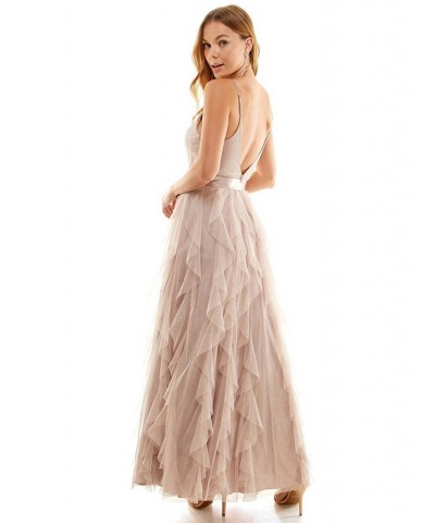 Juniors' Glitter Corkscrew Ruffle Gown Taupe $63.68 Dresses