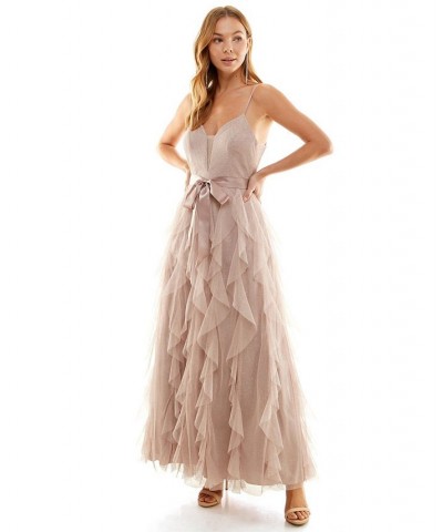 Juniors' Glitter Corkscrew Ruffle Gown Taupe $63.68 Dresses