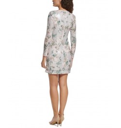 Women's Printed Long-Sleeve Sequin Short Dress Silver $89.44 Dresses