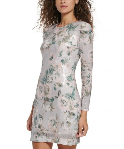 Women's Printed Long-Sleeve Sequin Short Dress Silver $89.44 Dresses