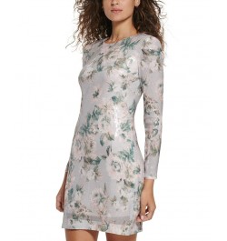 Women's Printed Long-Sleeve Sequin Short Dress Silver $89.44 Dresses