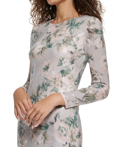 Women's Printed Long-Sleeve Sequin Short Dress Silver $89.44 Dresses