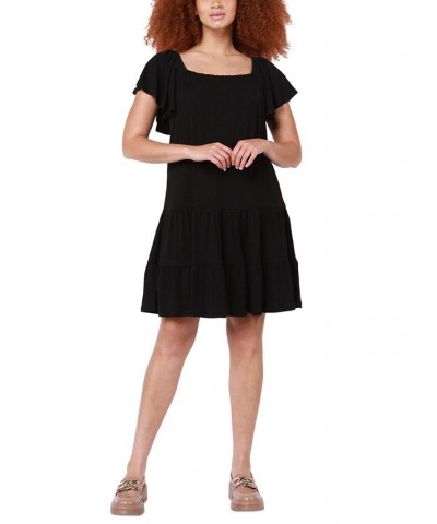 Women's Flutter-Sleeve Tiered Mini Dress Black $31.74 Dresses